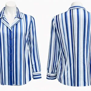 NWT Como Black Women's Blouse White Black Blue Striped Sz L